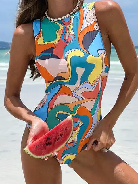 Peachtan Leaf Print Zipper One Piece Swimsuit - Sí Fashions