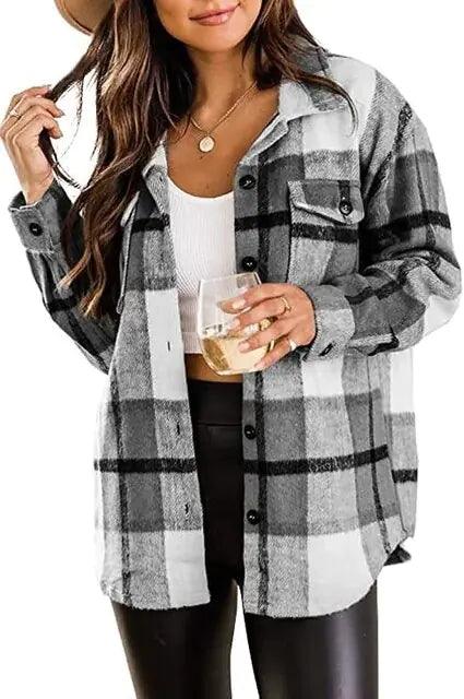 Women Flannel Casual Plaid Button Down Long Sleeve Woolen Jacket - Sí Fashions