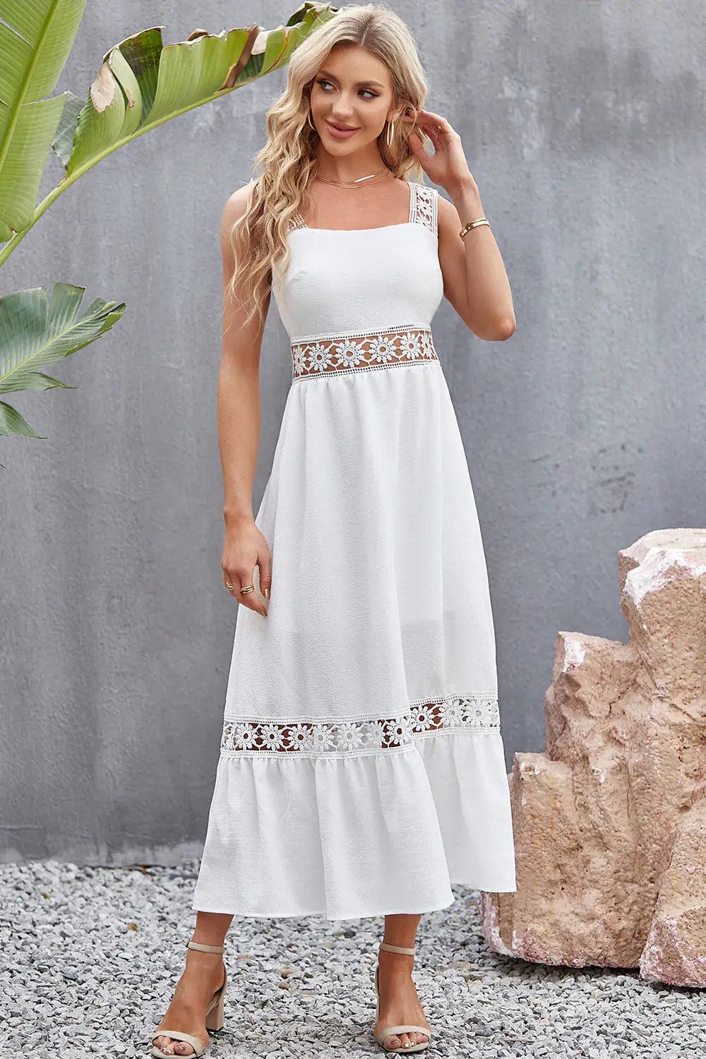 Elegant Spliced Lace Square Neck Midi Dress - Sí Fashions