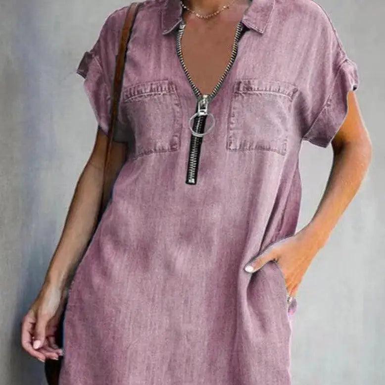 Denim Dress With Zip Closure - Sí Fashions