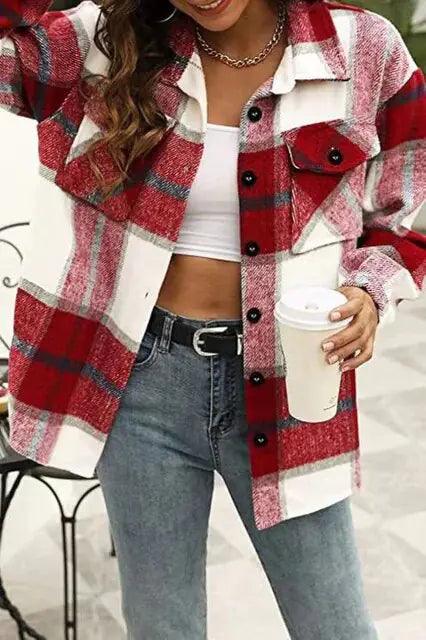 Women Flannel Casual Plaid Button Down Long Sleeve Woolen Jacket - Sí Fashions