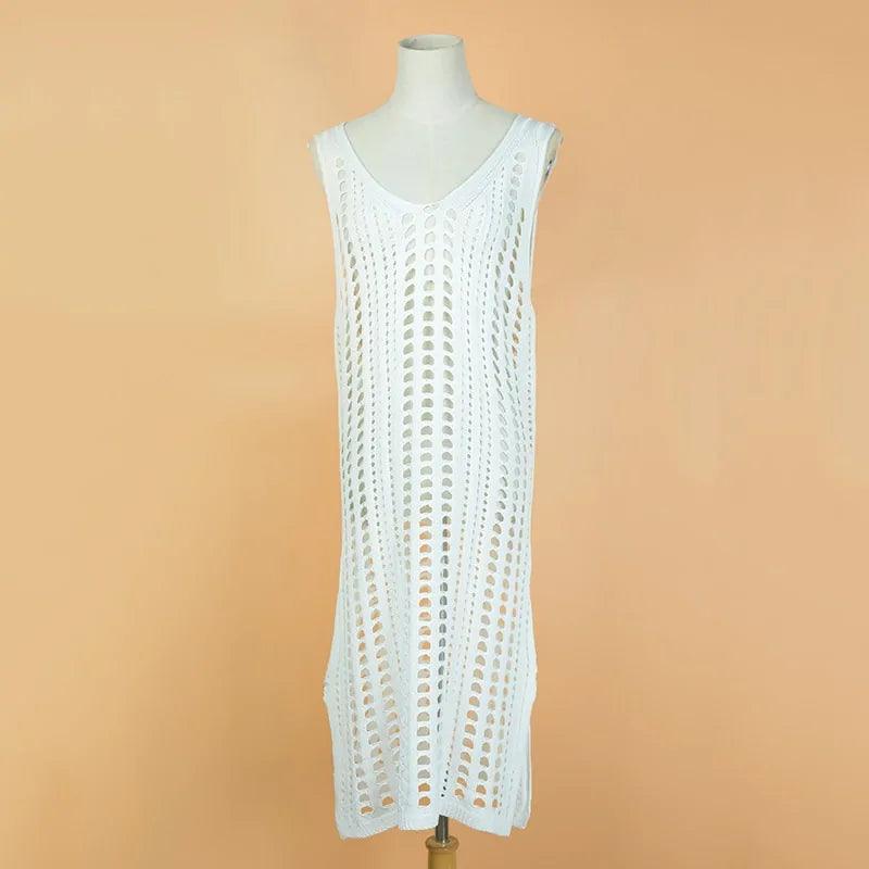 Hollowed Out V-Neck Sleeveless Crochet Beach Cover Up Dress - Sí Fashions