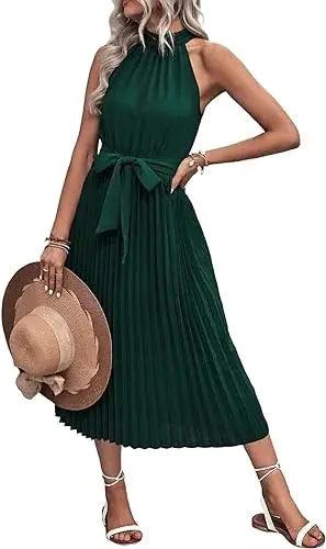 Women's Summer Sleeveless Halter Neck Pleated Midi Cocktail and Beach Sun Dress - Sí Fashions