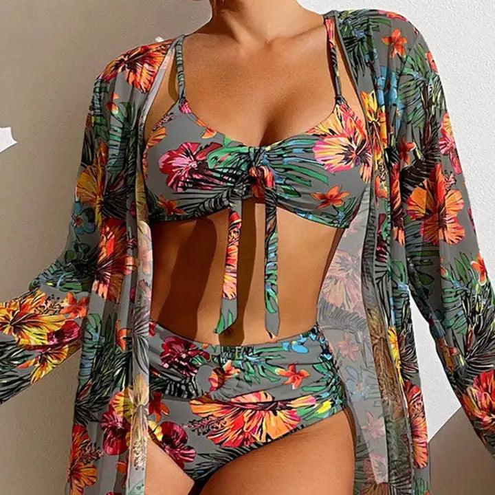 Three Piece Bikini Set with Floral Pattern - Sí Fashions