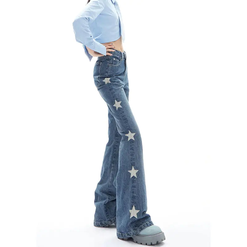 Women Y2K Vintage Korean Blue Streetwear Retro Star Aesthetic Straight Jeans