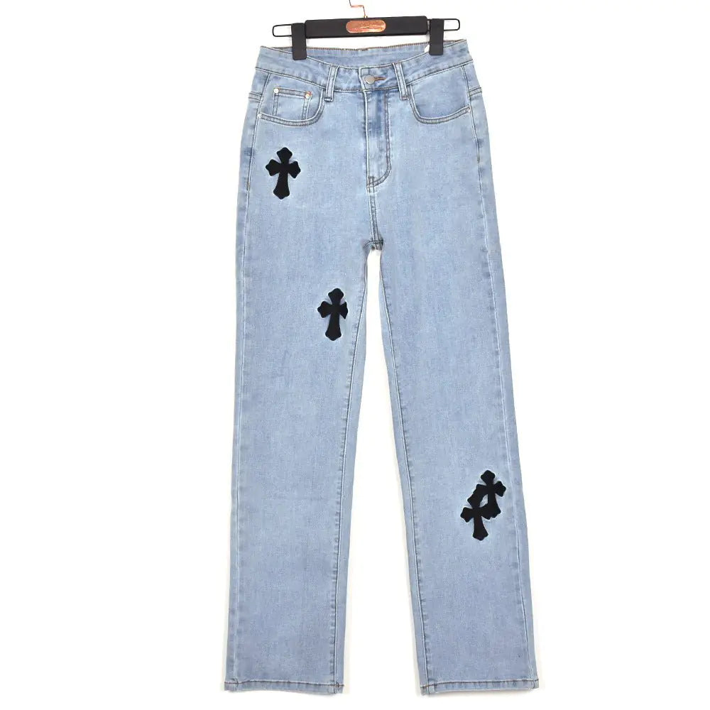 Embroidered High Waist Straight Leg Jeans