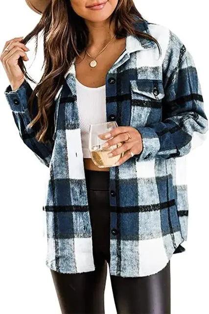 Women Flannel Casual Plaid Button Down Long Sleeve Woolen Jacket - Sí Fashions