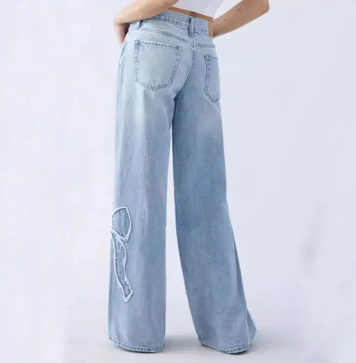 Women's Straight Trousers Embroidered Side Frayed Butterfly Jeans Street Design Baggy Pants