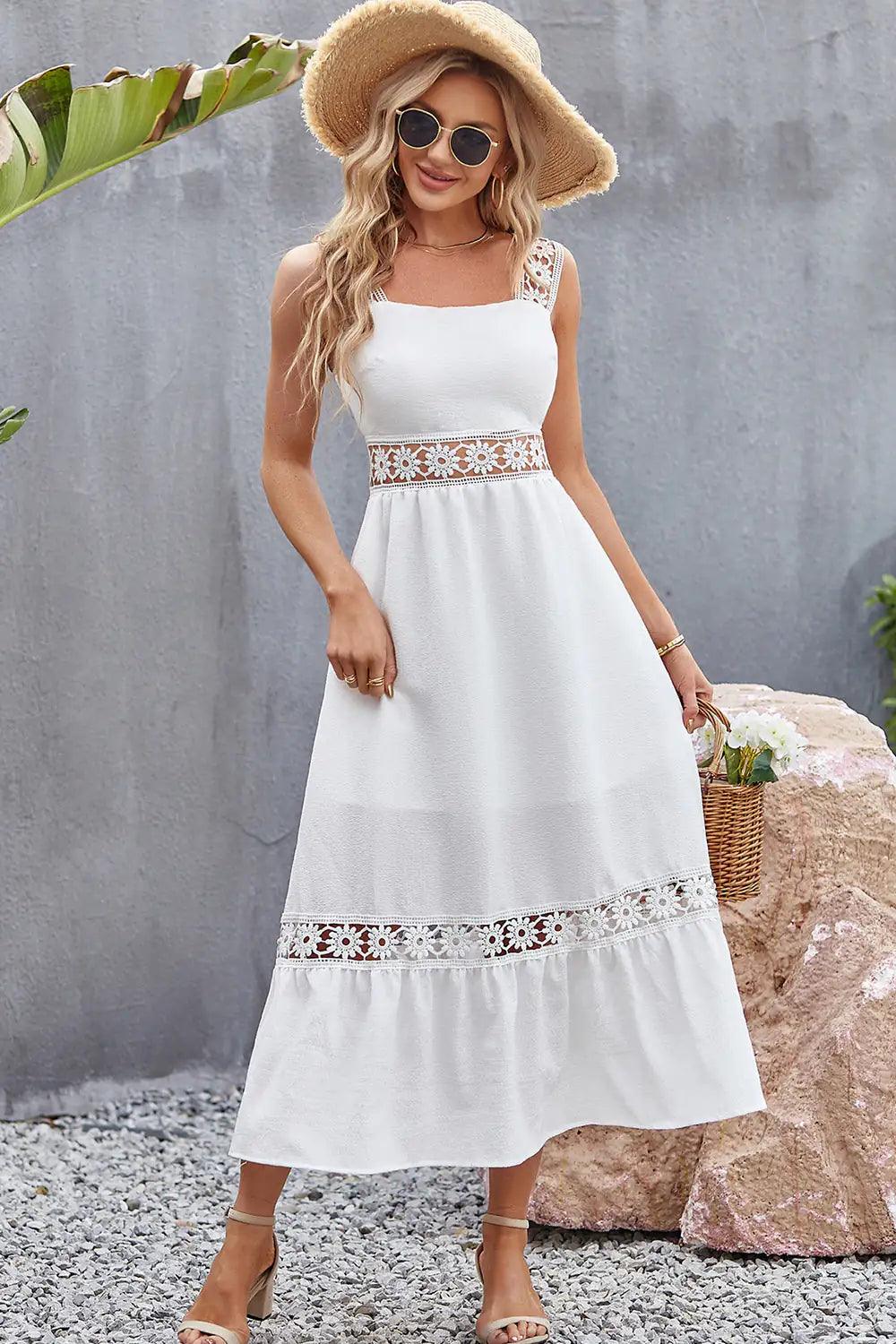 Elegant Spliced Lace Square Neck Midi Dress - Sí Fashions