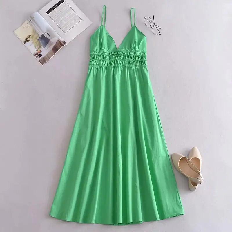 Green Cotton V Neck Summer Women's Dress - Sí Fashions