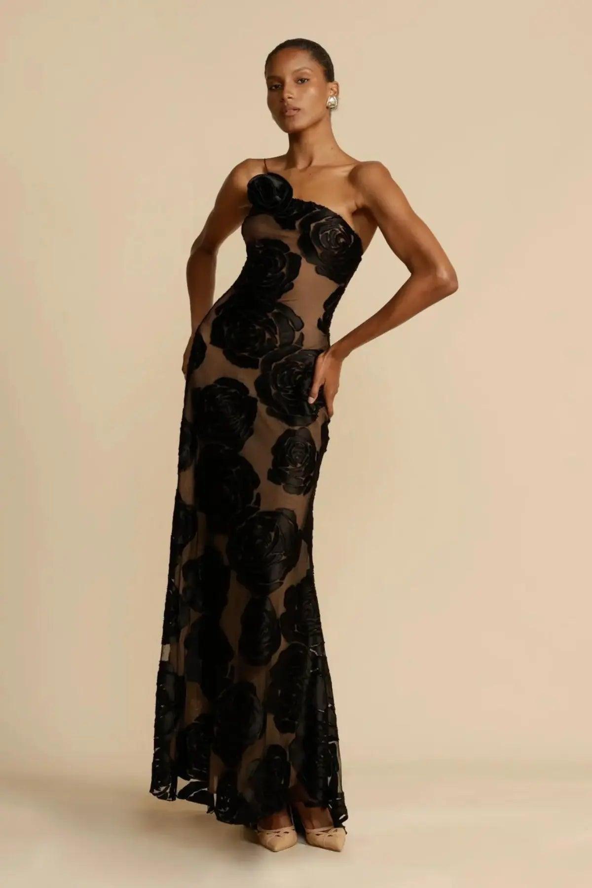 Diagonal Collar Evening Dress - Sí Fashions