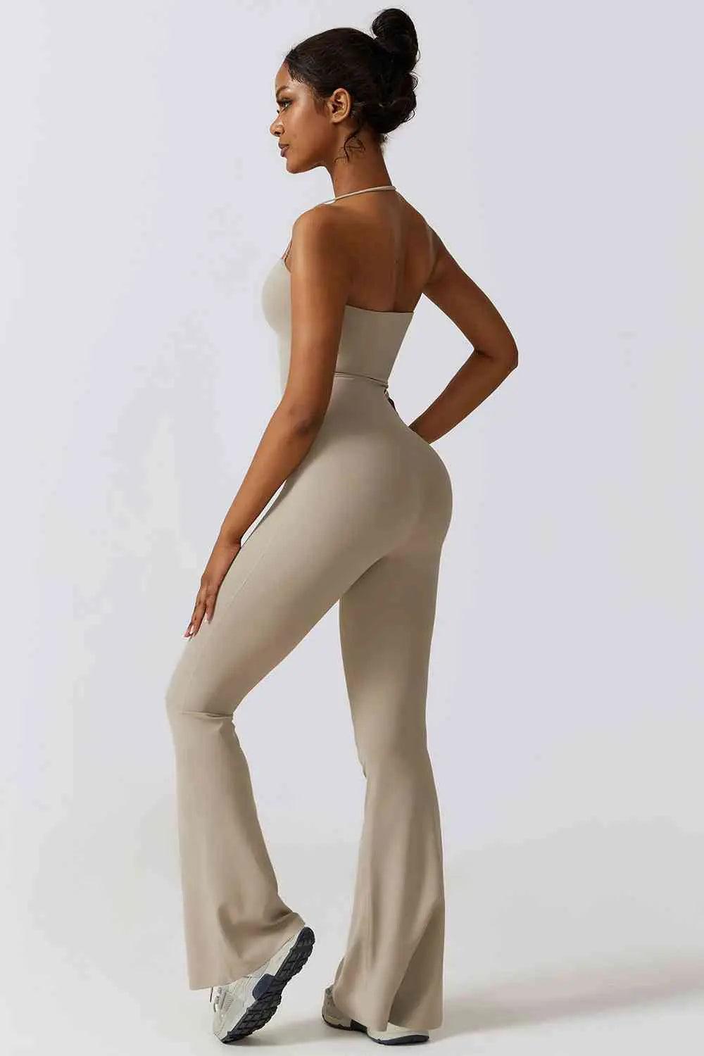 Halter Neck Flare Sport Jumpsuit - Sí Fashions