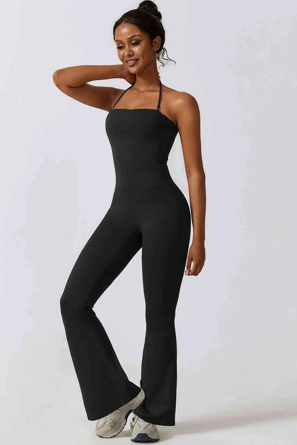 Halter Neck Flare Sport Jumpsuit - Sí Fashions