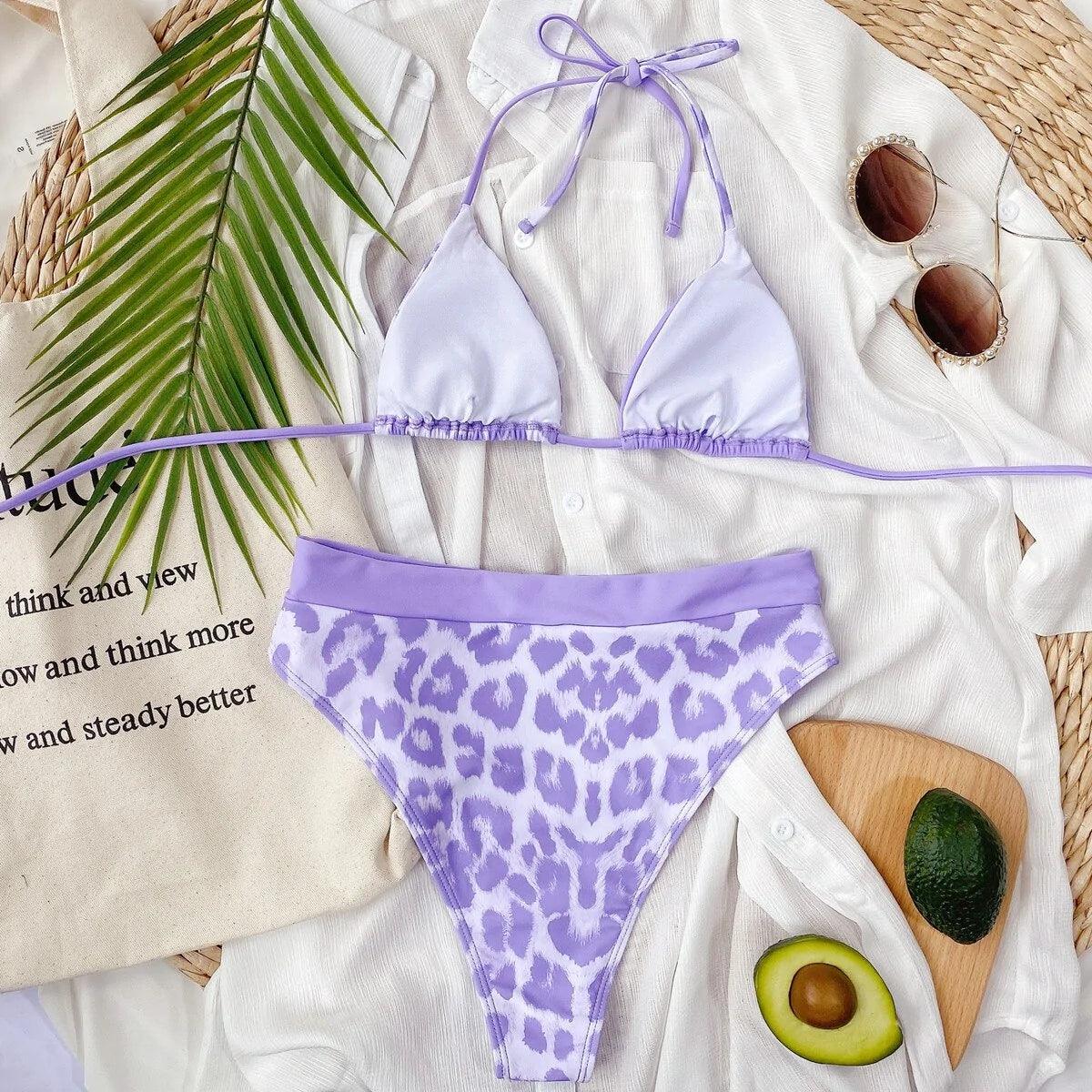 Purple Leopard and Black Bikini - Sí Fashions