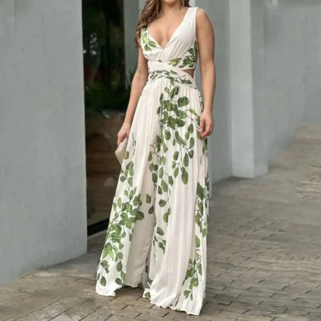 Women's Summer Leaf Print Midi Dress - Sí Fashions