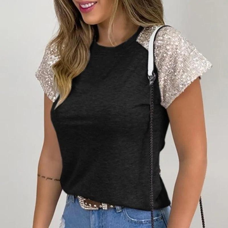 Sequined O-Neck Short Sleeve Slim Summer Blouse - Sí Fashions