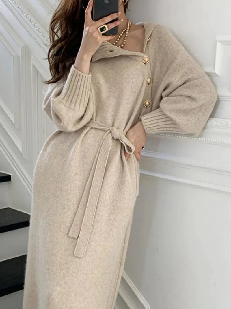 Vintage Turtleneck Buttons Long Dress - Sí Fashions