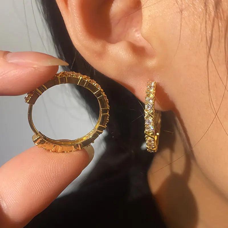 Gold Plated Zircon Cross X Hoop Earrings for Woman - Sí Fashions