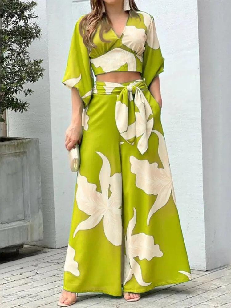 Women Lapel Tie Leaf Print Dress - Sí Fashions