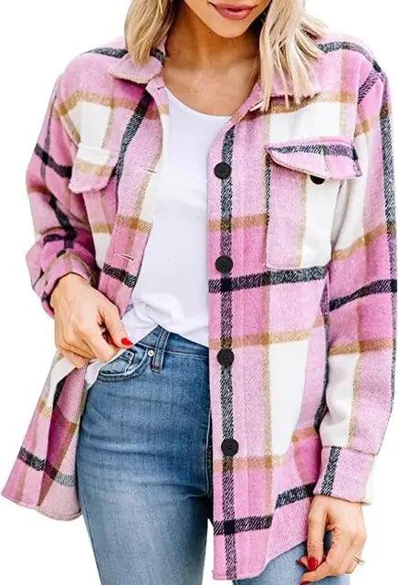 Women Flannel Casual Plaid Button Down Long Sleeve Woolen Jacket - Sí Fashions