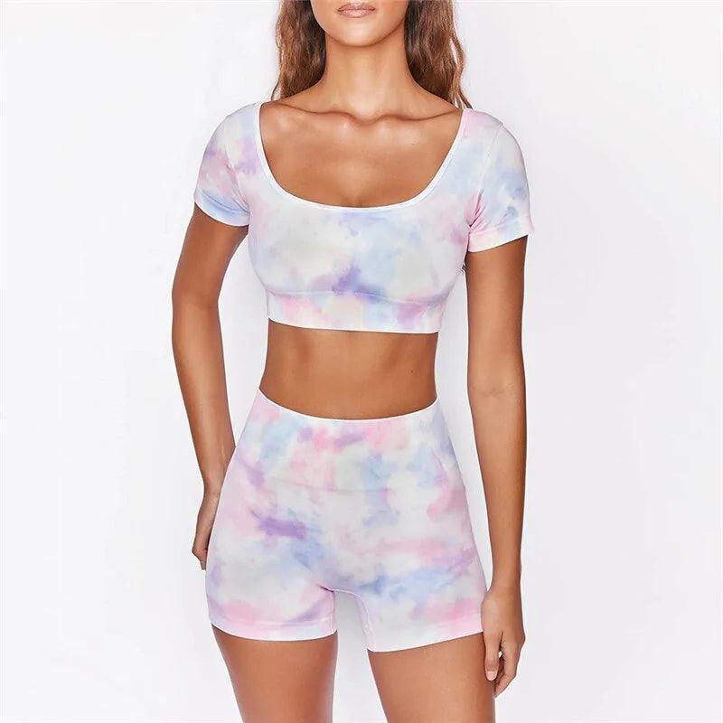 Summer Tie Dye Women's Yoga Set: Short Sleeve Crop Top & High Waist Shorts - Sí Fashions