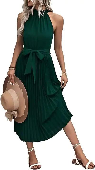 Women's Summer Sleeveless Halter Neck Pleated Midi Cocktail and Beach Sun Dress - Sí Fashions