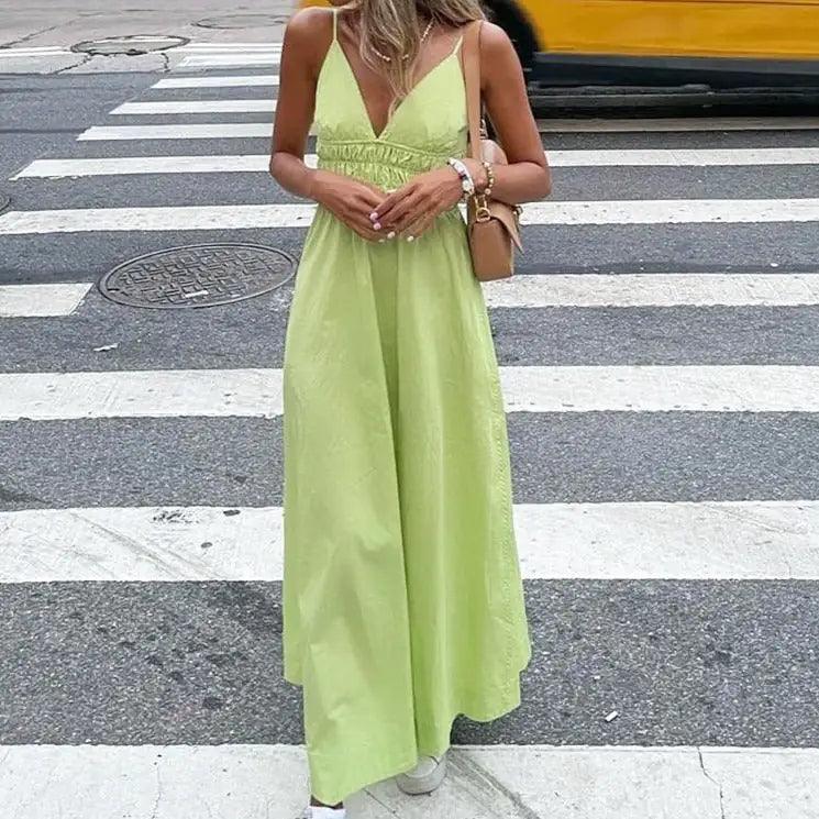 Green Cotton V Neck Summer Women's Dress - Sí Fashions