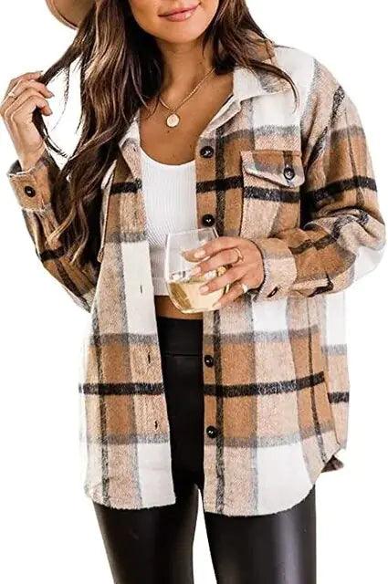 Women Flannel Casual Plaid Button Down Long Sleeve Woolen Jacket - Sí Fashions