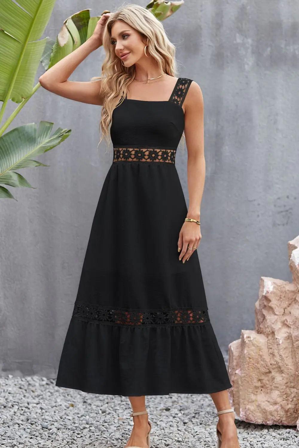 Elegant Spliced Lace Square Neck Midi Dress - Sí Fashions