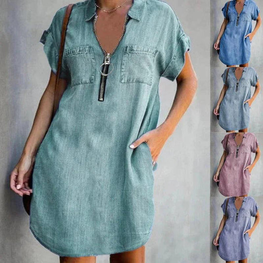 Denim Dress With Zip Closure - Sí Fashions