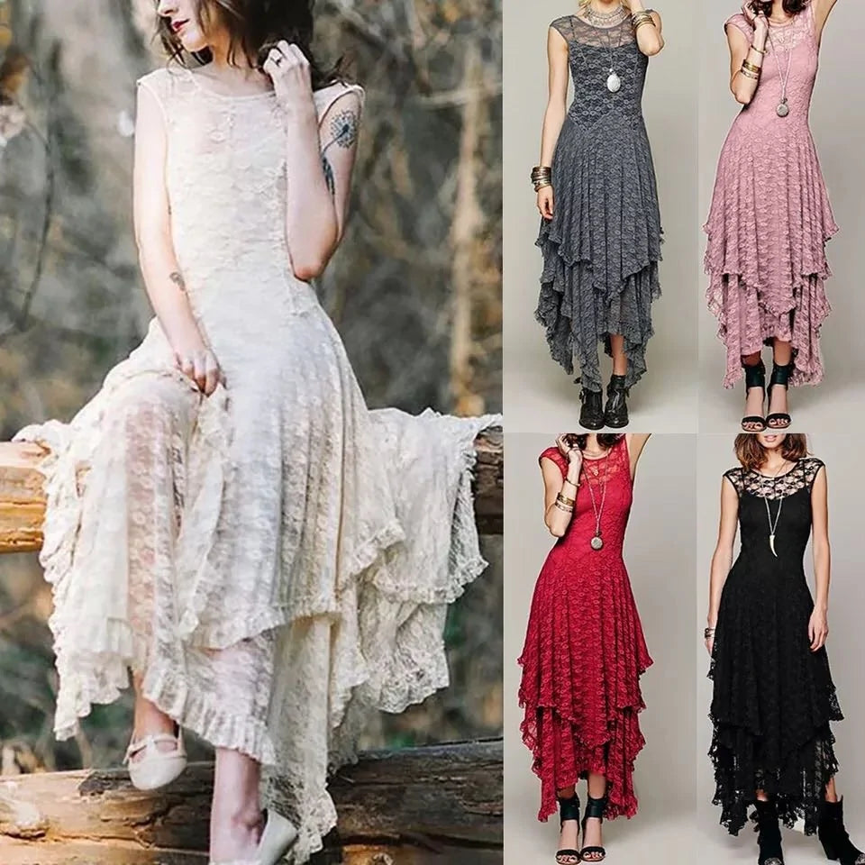 Asymmetric Hem Lace Dress