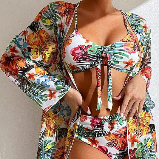 Three Piece Bikini Set with Floral Pattern - Sí Fashions