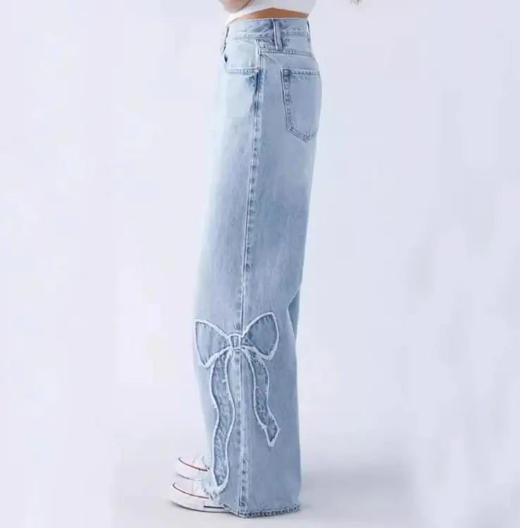 Women's Straight Trousers Embroidered Side Frayed Butterfly Jeans Street Design Baggy Pants