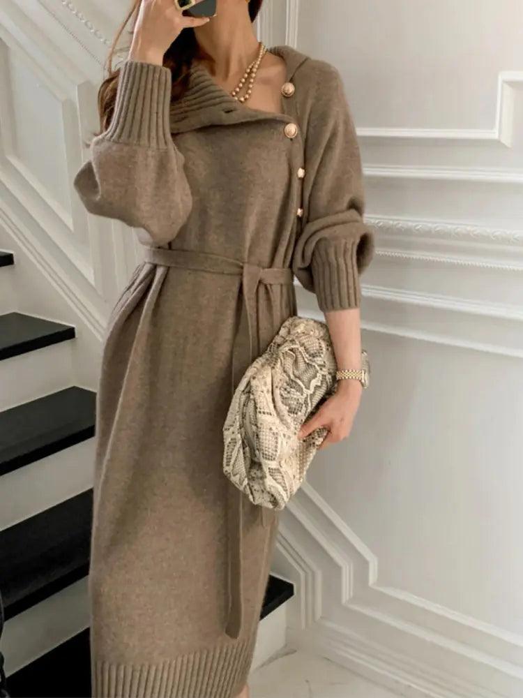 Vintage Turtleneck Buttons Long Dress - Sí Fashions