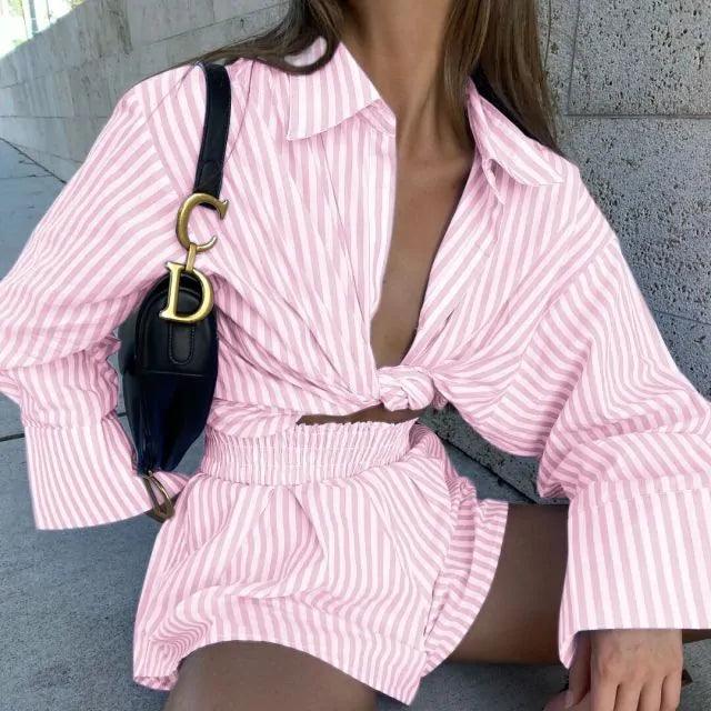 Striped Blouse Shirts and Shorts Matching Set - Sí Fashions