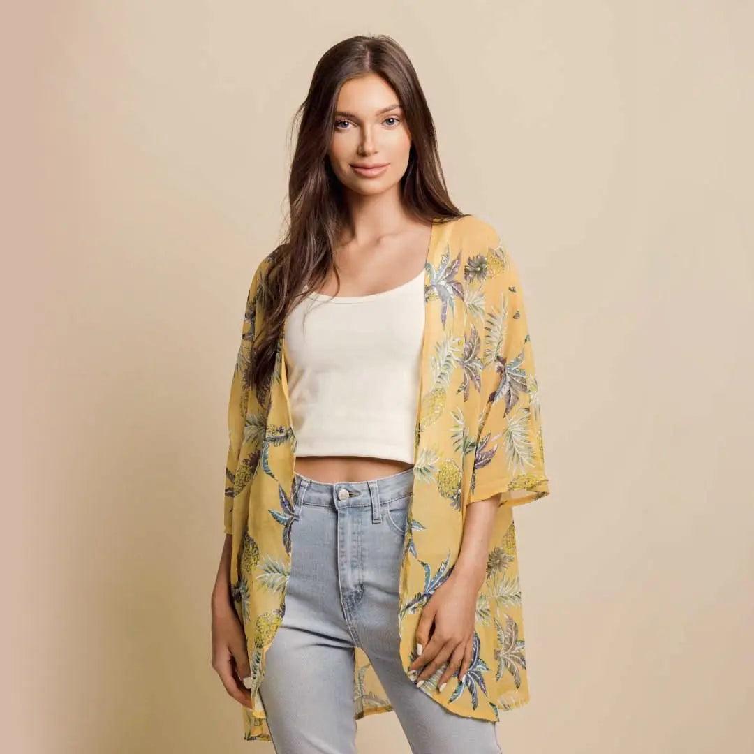 Tropical Pineapple Print Chiffon Kimono Blouse - Sizes S-3XL - Sí Fashions