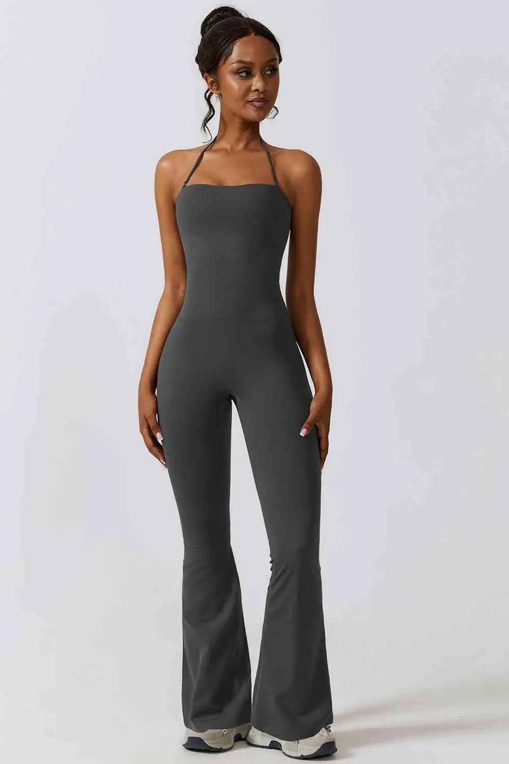 Halter Neck Flare Sport Jumpsuit - Sí Fashions