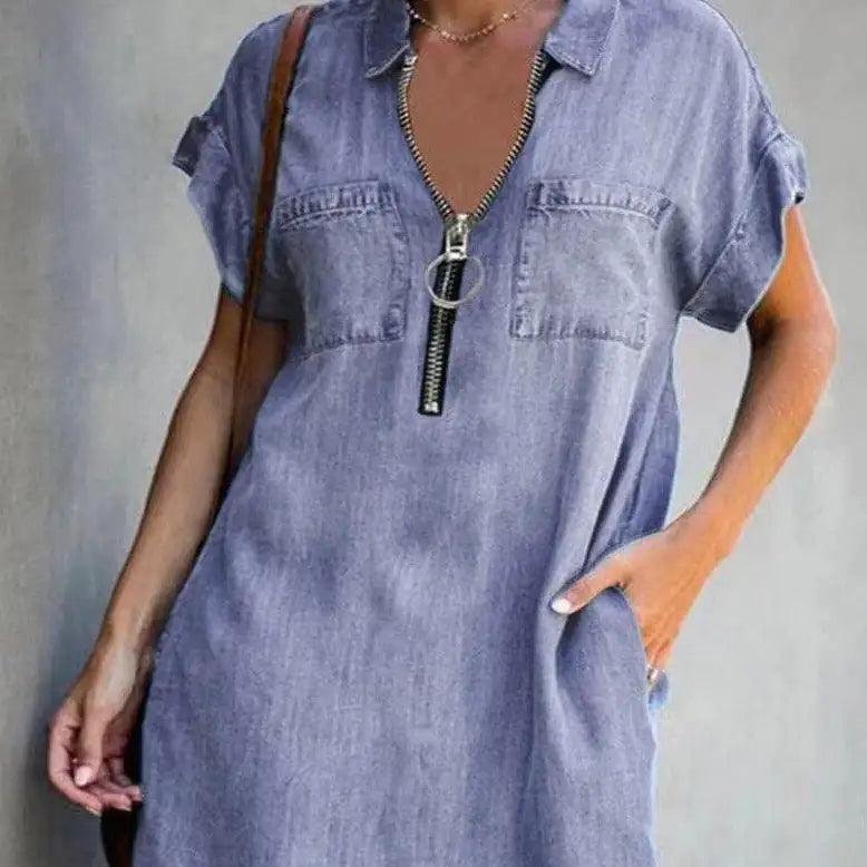 Denim Dress With Zip Closure - Sí Fashions