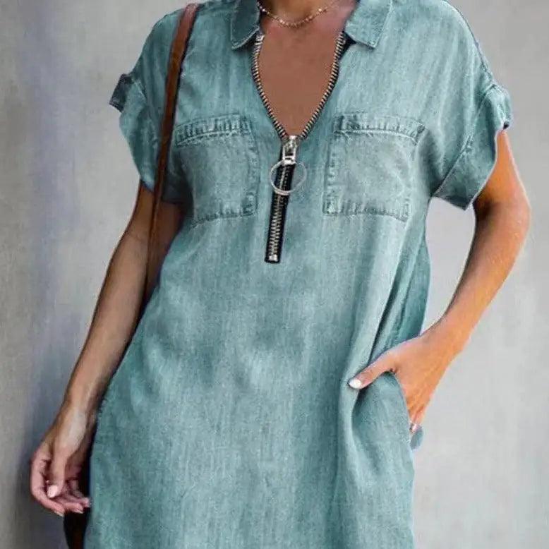 Denim Dress With Zip Closure - Sí Fashions