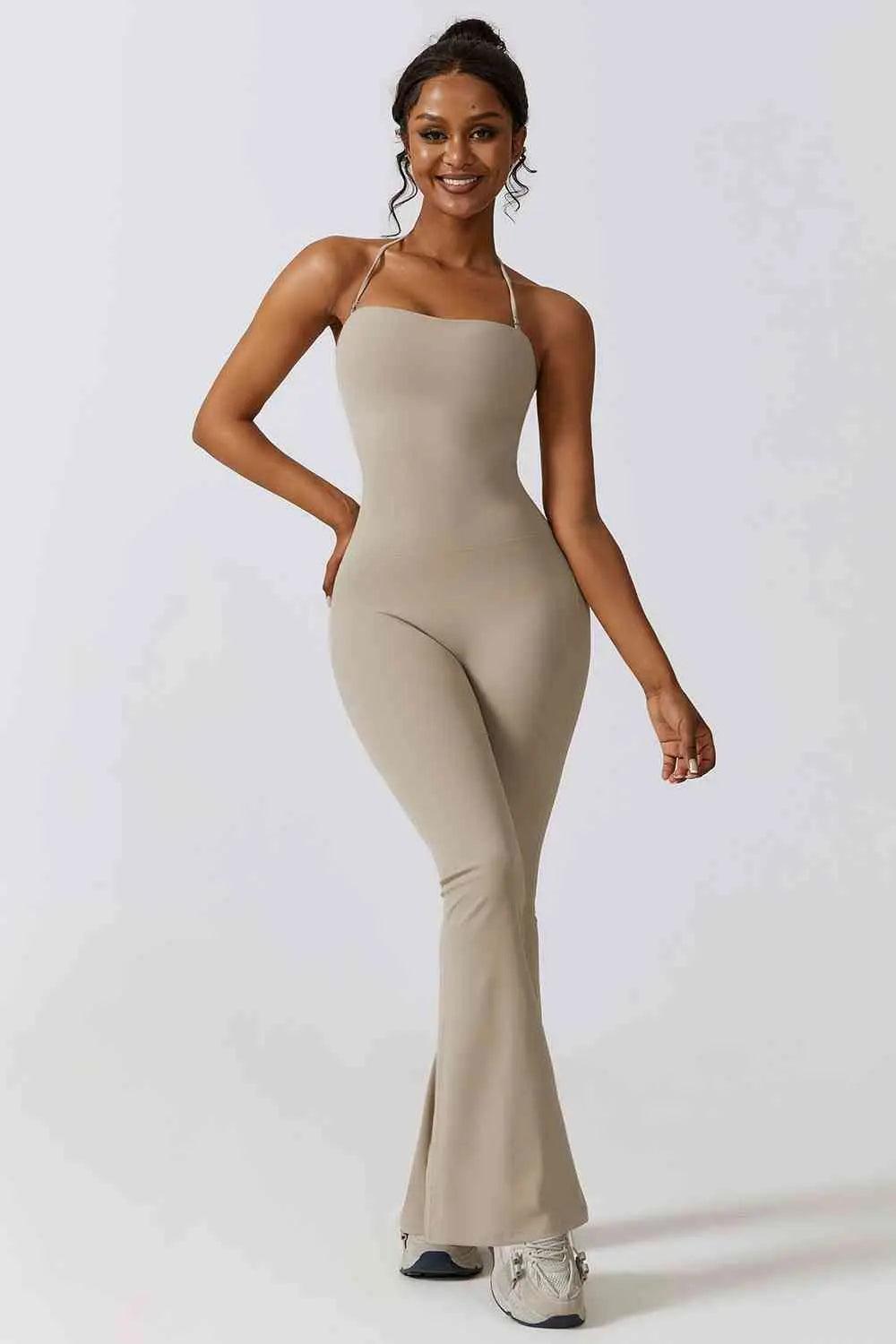 Halter Neck Flare Sport Jumpsuit - Sí Fashions