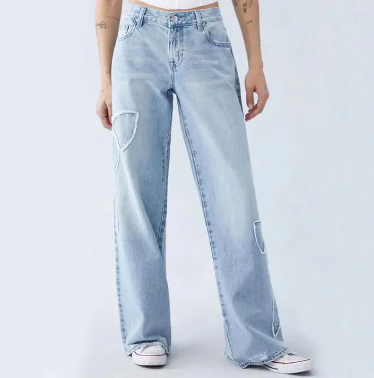 Women's Straight Trousers Embroidered Side Frayed Butterfly Jeans Street Design Baggy Pants