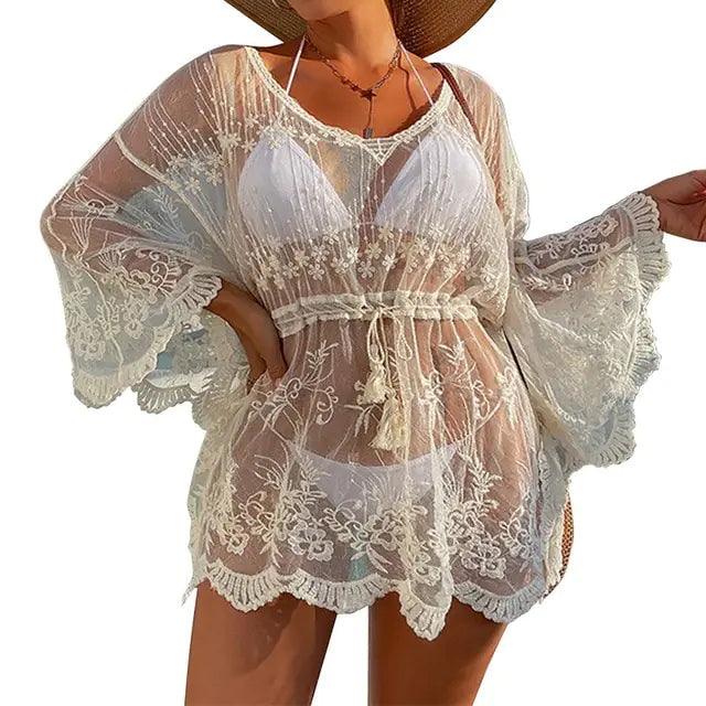 Bikini Cover Up Lace Hollow Crochet Swimsuit Beach Dress - Sí Fashions