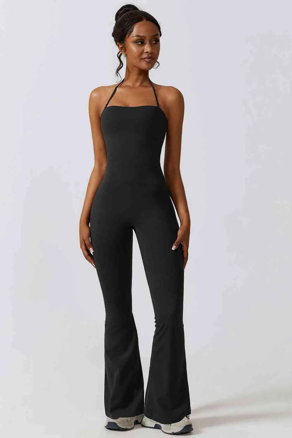 Halter Neck Flare Sport Jumpsuit - Sí Fashions