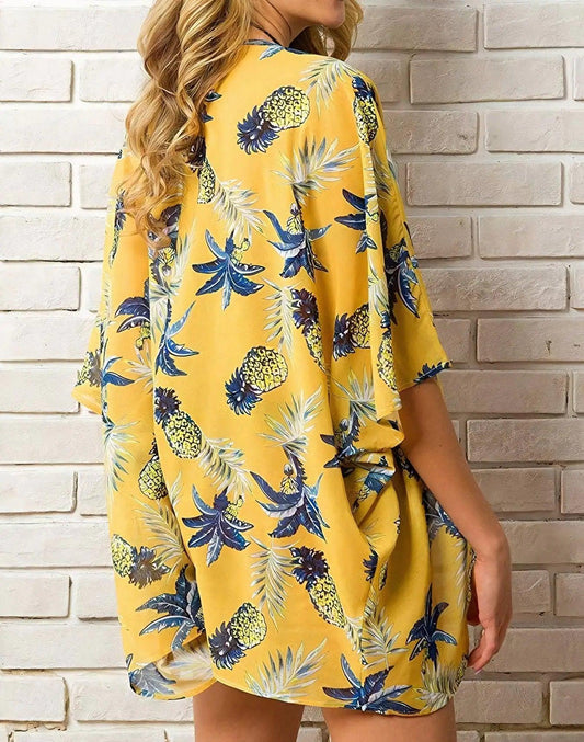 Tropical Pineapple Print Chiffon Kimono Blouse - Sizes S-3XL - Sí Fashions