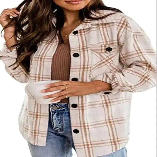 Women Flannel Casual Plaid Button Down Long Sleeve Woolen Jacket - Sí Fashions