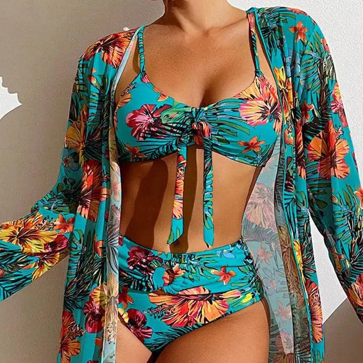 Three Piece Bikini Set with Floral Pattern - Sí Fashions