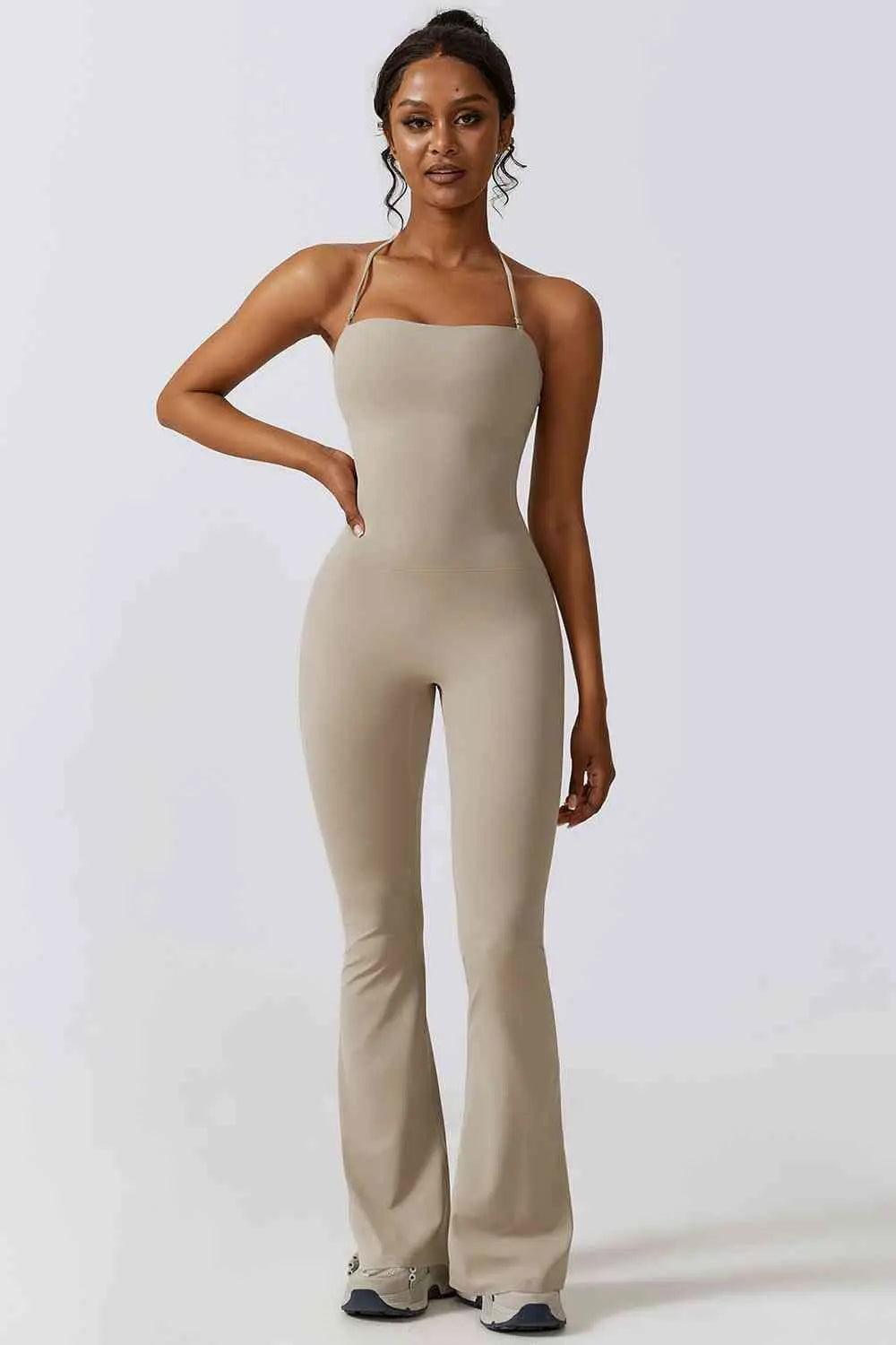 Halter Neck Flare Sport Jumpsuit - Sí Fashions