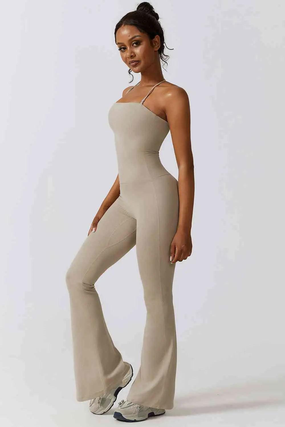 Halter Neck Flare Sport Jumpsuit - Sí Fashions