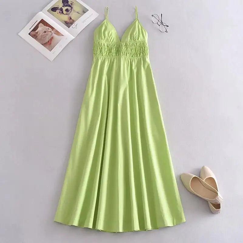 Green Cotton V Neck Summer Women's Dress - Sí Fashions