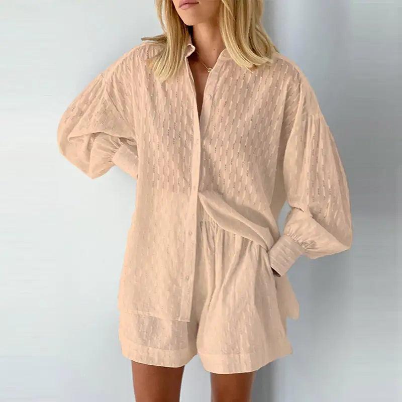 Lantern Sleeve Loose Shirt and Short Set 2 Piece Outfits - Sí Fashions